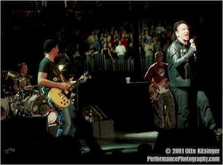Live concert photo of Larry Mullen Jr, The Edge, Adam Clayton, Bono