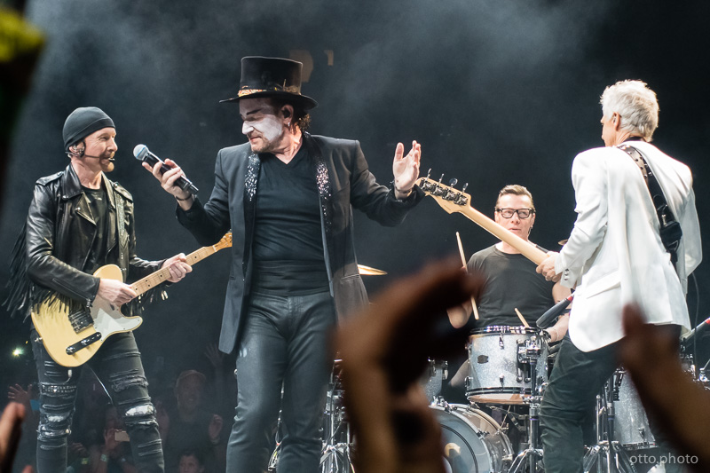Live concert photo of The Edge, Bono, Larry Mullen Jr, Adam Clayton