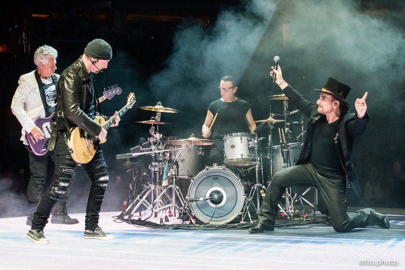 Live concert photo of Adam Clayton, The Edge, Larry Mullen Jr, Bono